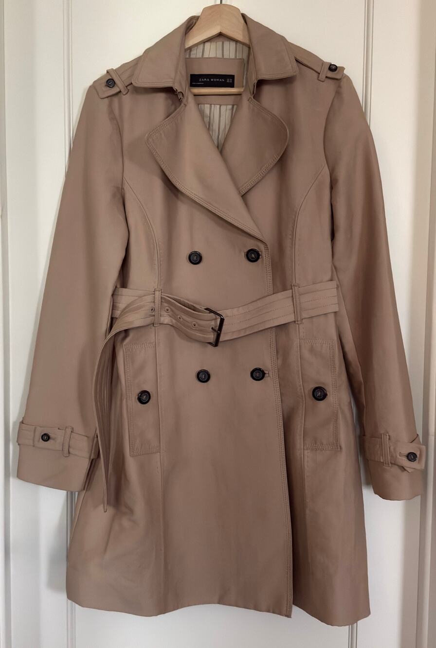 ZARA Woman Beige Belted Double Breasted Trench Coat Size XL Striped Lining